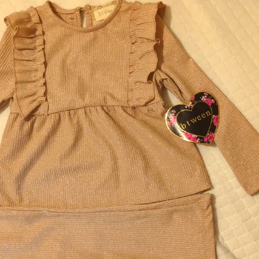 Btween 3 PC Shimmering Gold Pleated Dress w/Ruffles/Flare Leggings Set 2T